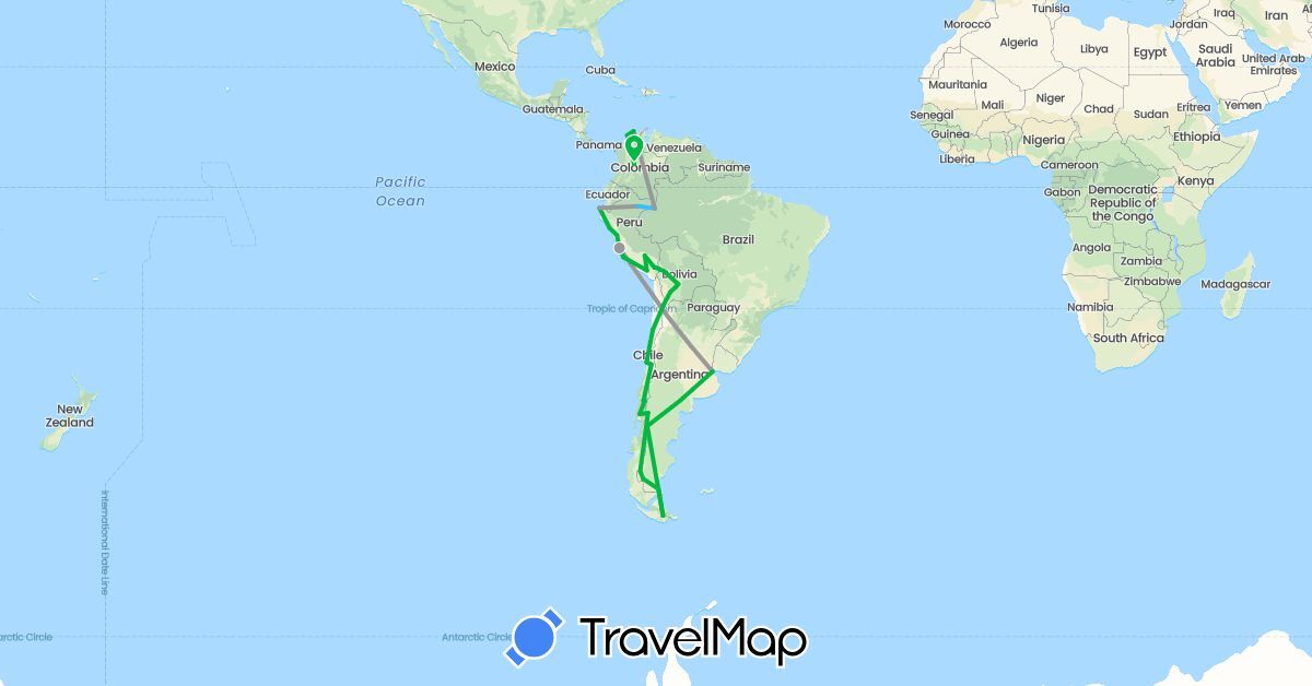 TravelMap itinerary: driving, bus, plane, boat in Argentina, Bolivia, Chile, Colombia, Peru (South America)